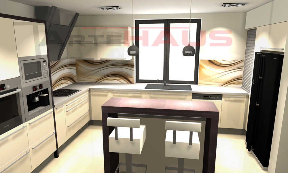 Kuchnia z barkiem z hokerami - projekt 3D